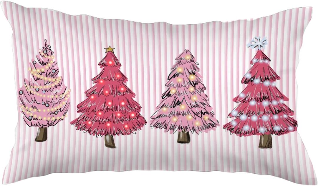 Pink Christmas Tree 12x20 Pillow Cover, Preppy Coquette Christmas Decor, Girly Pink Striped Xmas Tree Decorative Lumbar Pillow Covers for Girls Dorm Bedroom Living Room Sofa Couch