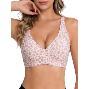 Women's Wireless Jelly Bra, Lift Supportive Full Coverage Plus Size Comfort Deep V Everyday Bra (3X-Large, Pink Leopard Print)
