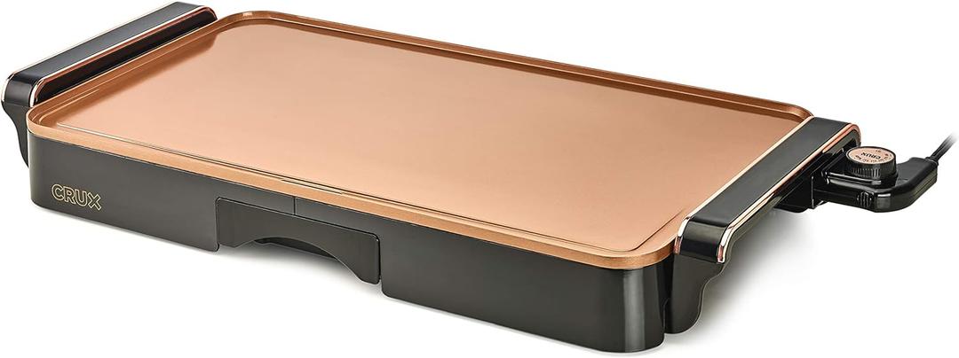 CRUX Electric Griddle with Nonstick Ceramic Coating, Cool-Touch Handles, and Slide-Out Drip Tray - Indoor Grill for Breakfast, Eggs, Pancakes, and Burgers