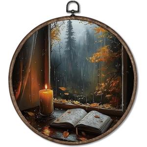 Giosve Vintage Moody Fall Rainy Round Wall Art Canvas Framed Poster, Dark Academia Moody Autumn Bookish Hanging Wall Sculptures for Home Bedroom Reading Room Library Decor, 10x10 Inch