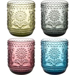 3 x 4 Pack 12 Oz Vintage Glassware Drinking Glasses Set, Embossed Floral Decorative Glassware Set for Whiskey, Beer, Juice, Wine Multicolor