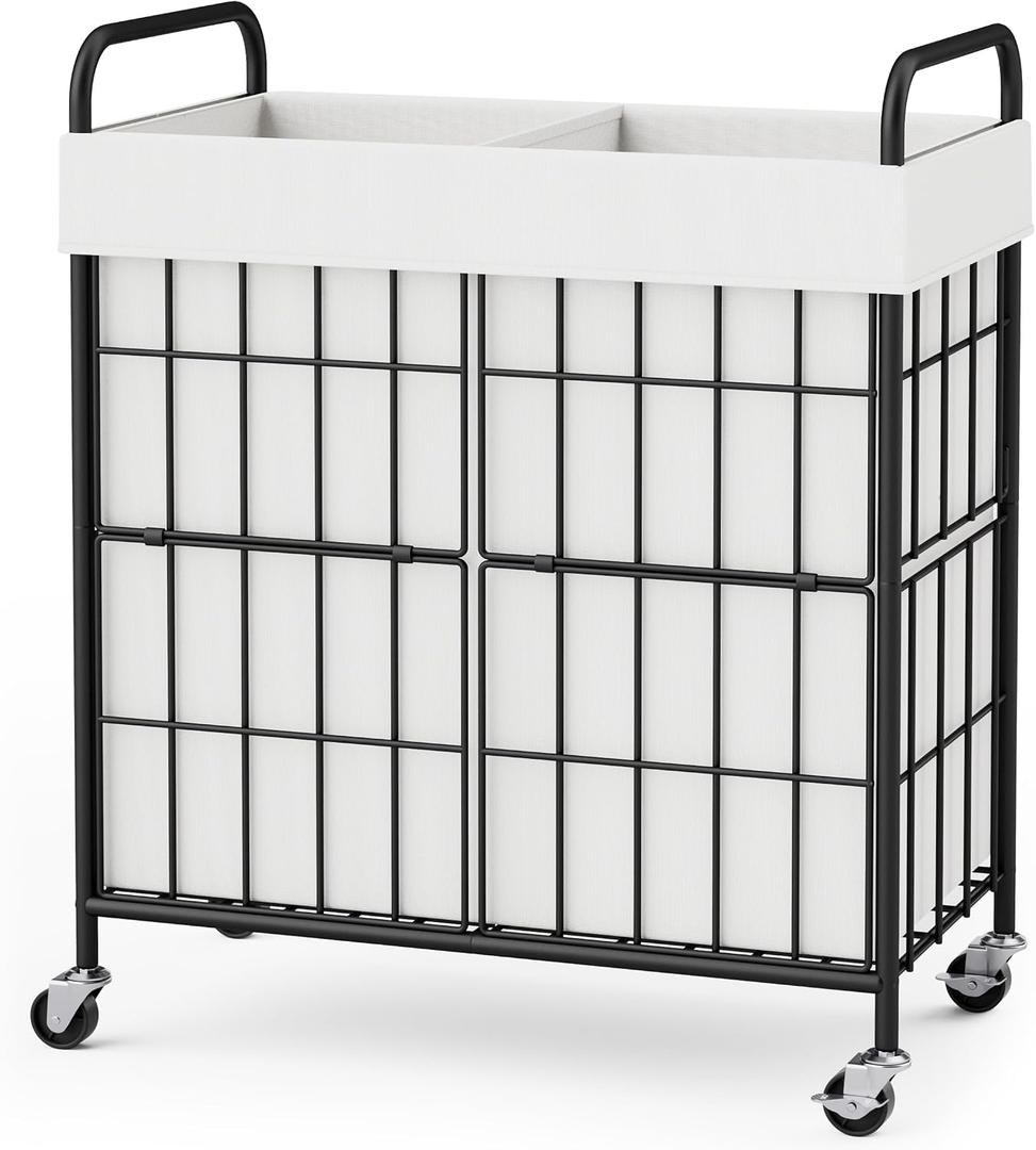 2 Section Laundry Hamper with Wheels and Brake, 100L Laundry Sorter Cart with 2 Removable Liner Bags, Metal Handle, Rolling Laundry Basket for Bedroom Laundry Room