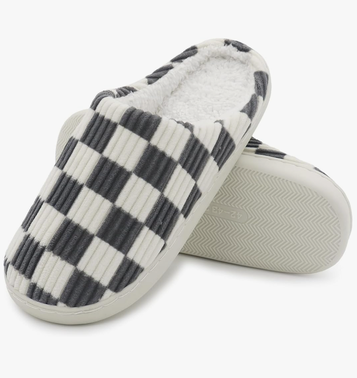 Women House Fuzzy Slippers - Plaid Scuff Checkered Slip-on Memory Foam Indoor Outdoor Comfortable Soft Slides, Size 38-39