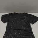 Women Sparkly Sequin Top Short Sleeve Ruffle V Neck Blouse Glitter Disco Evening Cocktail Concert Summer Shirt, Black Large