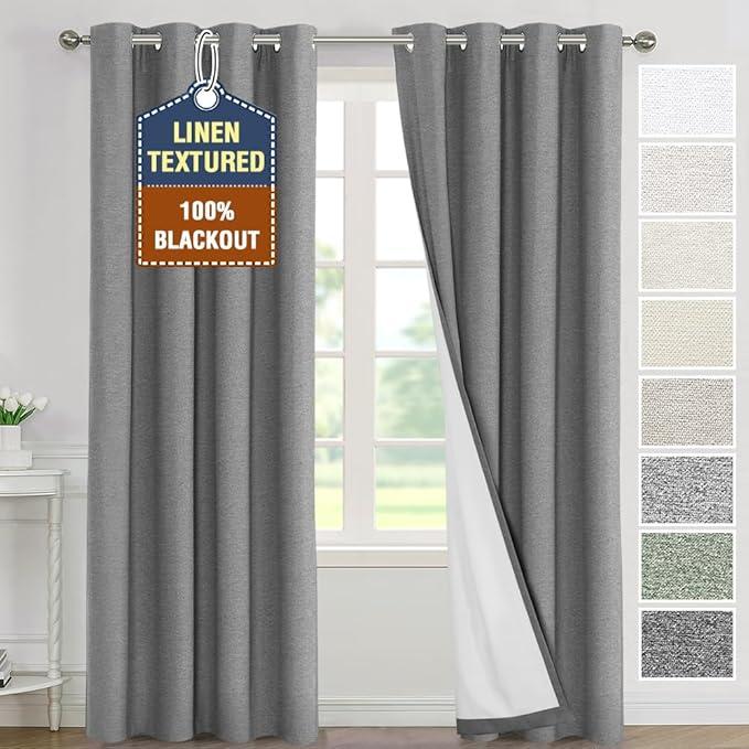 H.VERSAILTEX Blackout Curtains 84 inch Length 2 Panels Set, 100% Blackout Linen Look Curtains with Thermal Liner and Grommets for Complete Light Control, 52x84 Inch, Heather Mid Grey(Not Solid)
