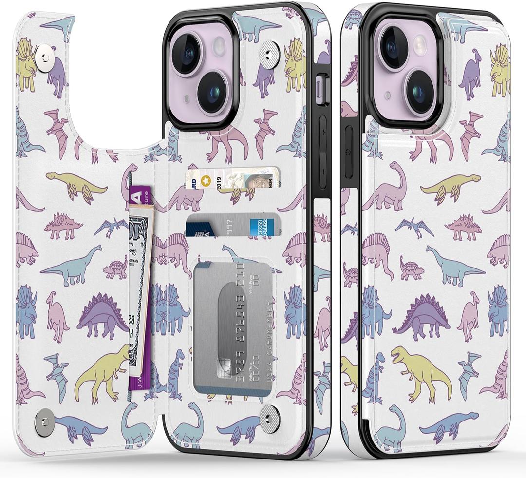 Goodon for iPhone 13 Case Wallet - Flip Folio Leather Cover with Trendy Floral Design, 3 Card Slots & Kickstand Function, Stylish Protective Phone Case for Women and Girls - Cute Dinosaur s