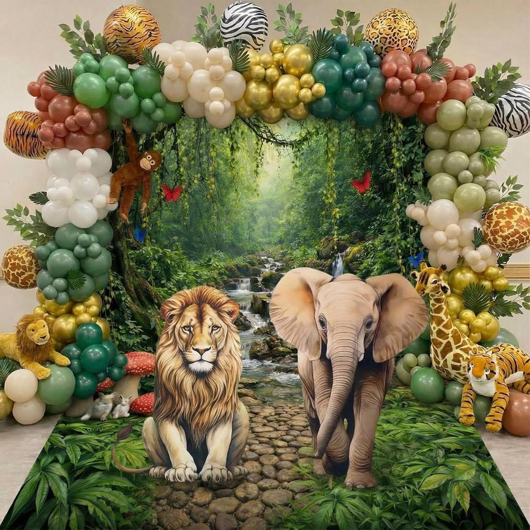 VitalCozy 7pcs Vbs 2026 Safari Party Decorations Jungle Rainforest Themed Party Porch Banners Green Rug Green Foil Fringe Backdrop Curtains for Wild Animals Birthday Photo Background Entryway Decor