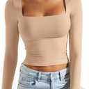 SUUKSESS Women Square Neck Long Sleeve Tops Double Lined Going Out T Shirts (Medium, 11 Nude)