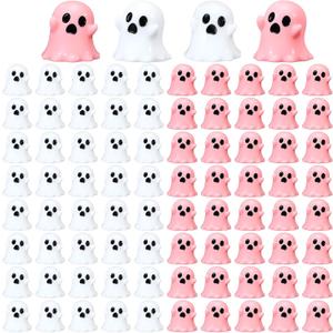 Suzile 100 Pcs Halloween Mini Resin Ghost Cute Miniature Small Ghost Figurines Colorful Halloween Spooky Decorations Garden Decor Micro Statue for Party Favors Gifts (White, Pink)