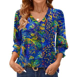 AKEWEI 3/4 Length Sleeve Womens Tops Summer Fashion V Neck Business Casual Blouses Smocked Shirts (X-Large, Blue Feather)