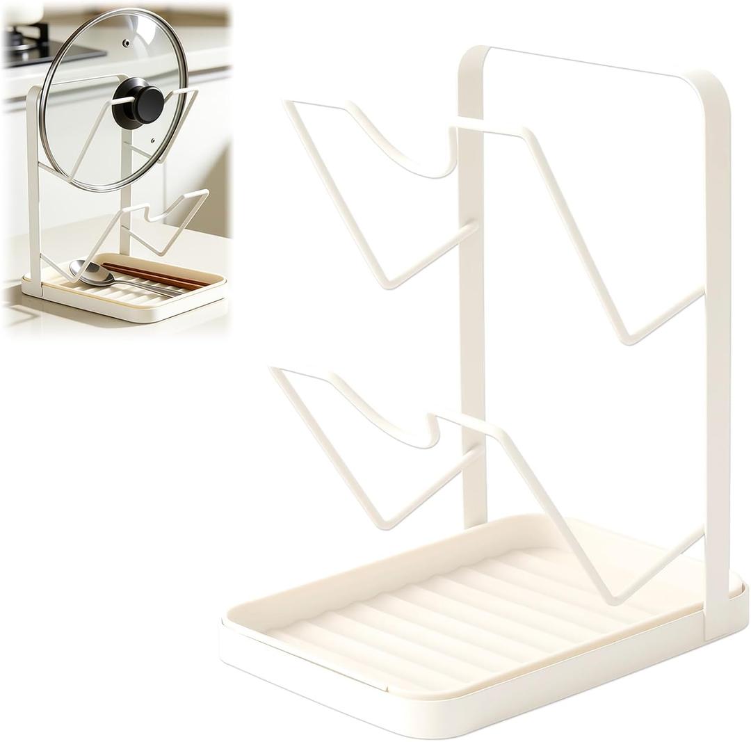 Kitchen Pot Lid Storage Rack, Pot Lid Holder With U-Shaped Vertical Slots, Multifunctional Kitchen Pot Cover Organizer for Countertop, With Removable Drip Tray for Stove Top (White)