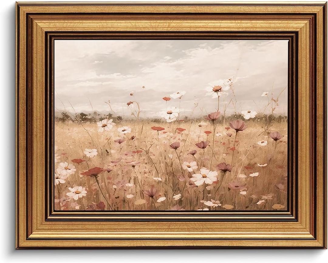 Gold Framed Wall Art Vintage Floral Canvas Art Farmhouse Spring Picture Wildflower Wall Decor Antique Prints Rustic Botanical Paintings Landscape Artwork for Bedroom Living Room 8x10 Inch
