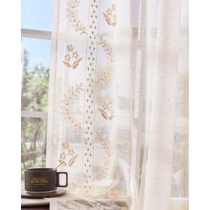 jinchan Linen Sheer Curtains for Living Room 96 Inch Length Sheer Voile Embroidered Spring Floral Curtains for Bedroom Light Filtering Rod Pocket Window Treatments Farmhouse Decor 2 Panels Beige (50"W x 96"L (Pack of 2), *Voile Beige)