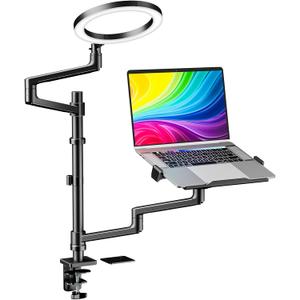 WALI Laptop Desk Mount, Laptop Stand for Desk with 10" LED Ring Light 3 Color&10Brightness, Height Adjustable Monitor Stand for 17-32" Monitor 12-17 Laptops Home Office Online