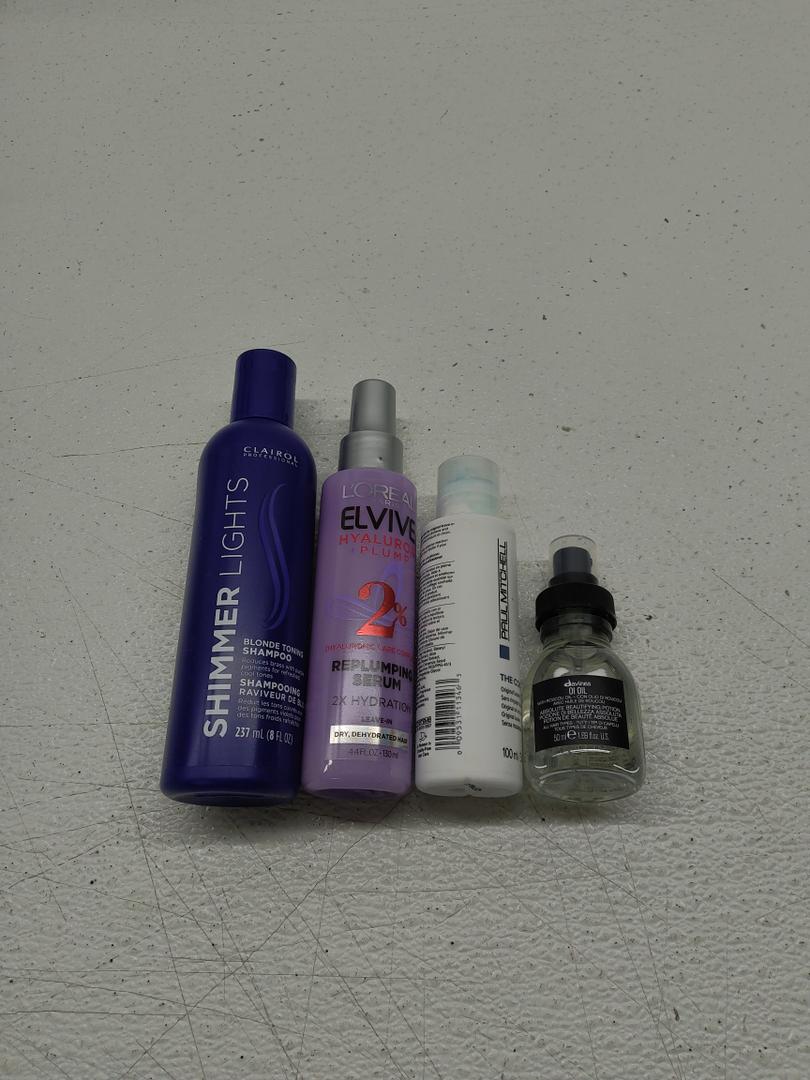 Davines OI Oil; L'Oreal Paris Elvive Hyaluron; Paul Mitchell The Conditioner; Clairol Professional Shimmer Lights Purple Shampoo