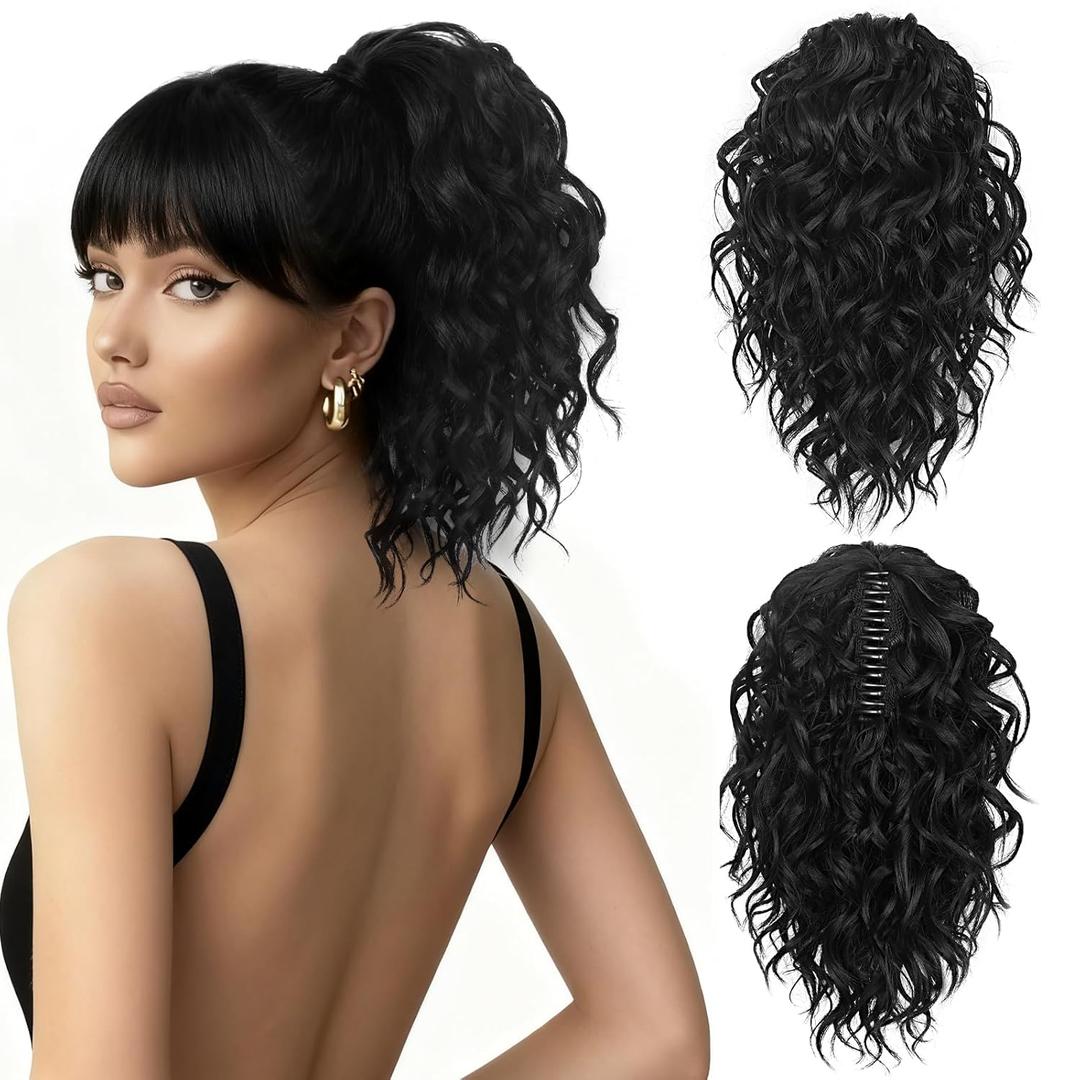 ZQIAN BEAUTY Clip on Ponytails for Women - 12 Inch Curly Black Ponytail Extension, Curly Pony Tails Hair Extensions, Synthetic Hair Extensions Ponytail, Natural Hair Pieces for Women (Color: Black)