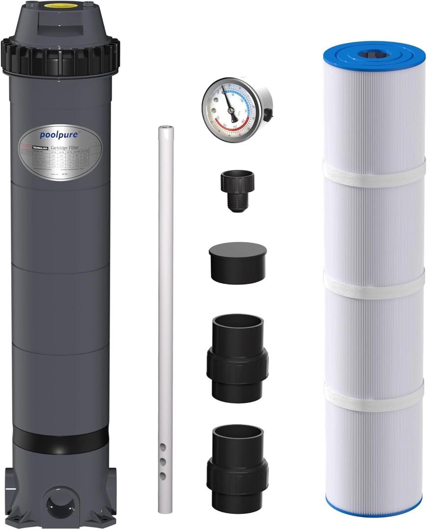 POOLPURE PFT-AF150 Cartridge Pool Filter Tank&Element for Above Ground & Inground Swimming Pools, 150 Sq.ft Pool Filter System, Pool Filter housing, 8900 gallons of Water per Hour, Easy to Install