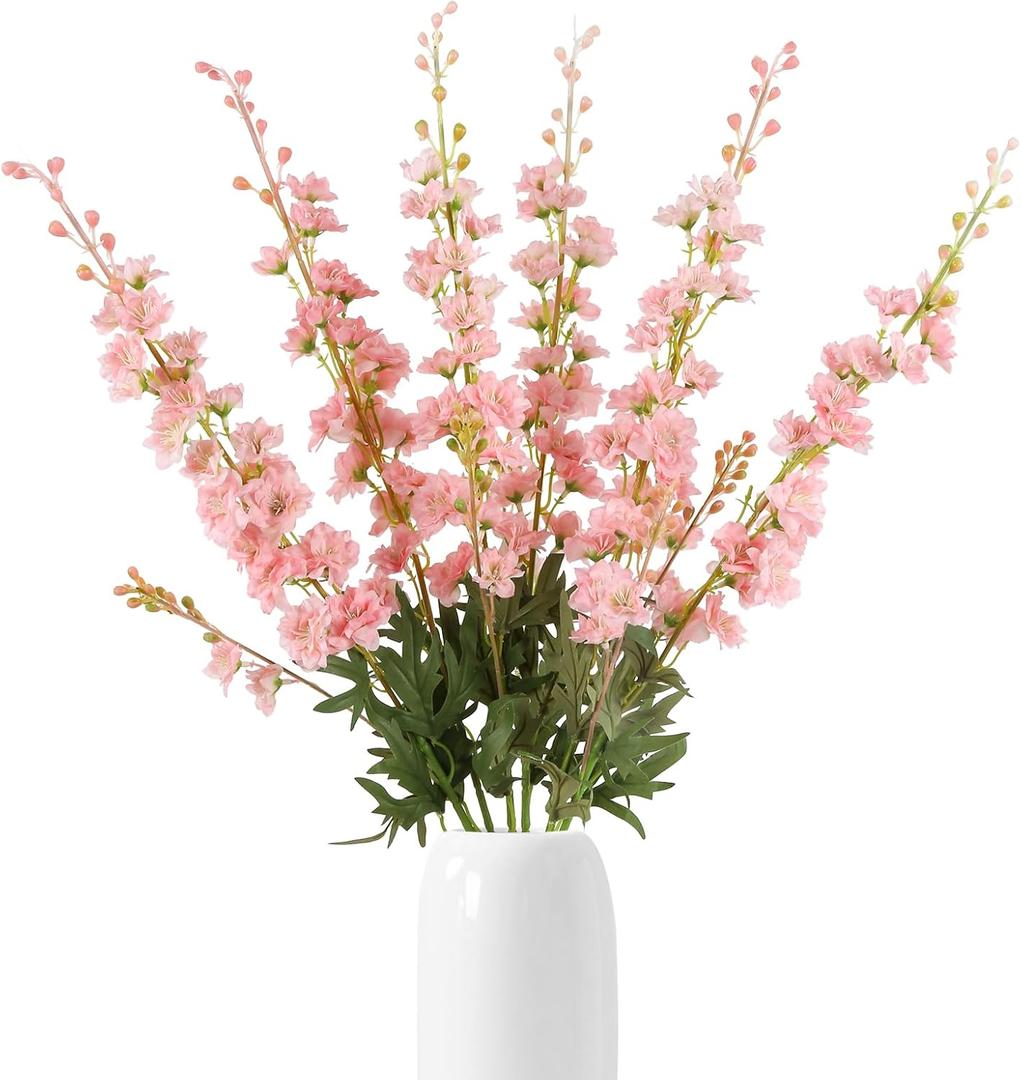 6 PCS Light Pink Delphinium Artificial Flowers, Long Stem Artificial Flowers with Bendable Stems, Silk Larkspur for Tall Vase Home Garden Wedding Table Decor