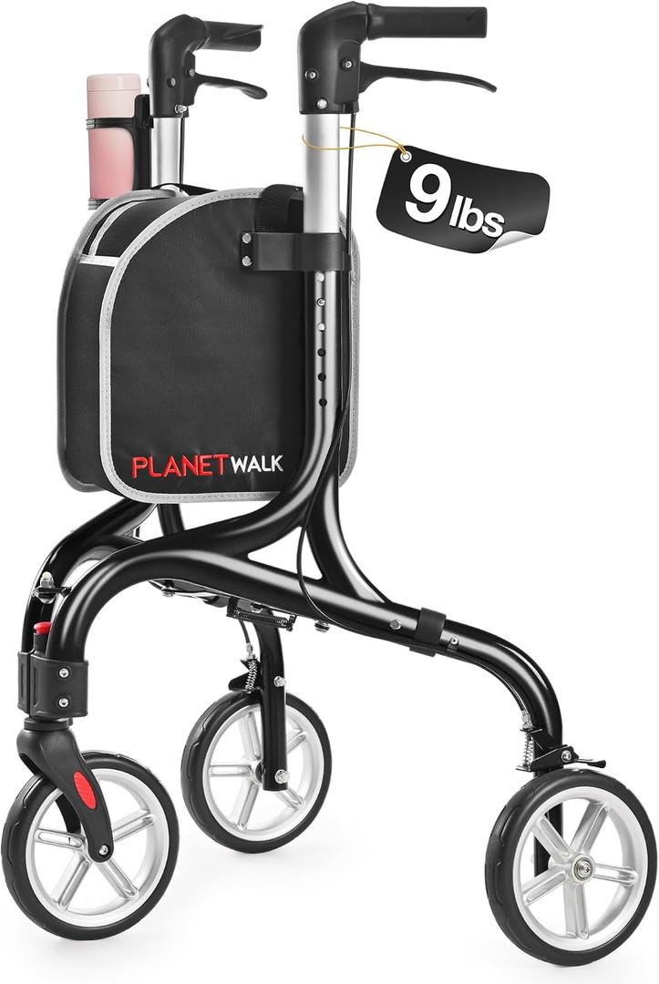 PLANET WALK Super Lightweight 3 Wheel Walkers for Seniors - 9 lbs Foldable Aluminum Frame, Triangular Anti-Tip Frame enhances Stability, 8" All-Terrain Wheels Rollator Walker with Cup Holder,Black