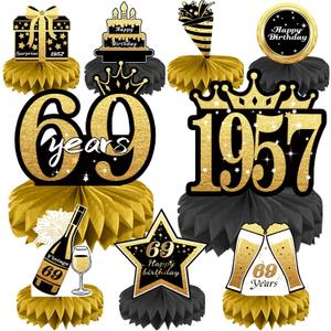 69th Birthday Decorations Set, 1957 Table Toppers for Women Men Birthday Party Supplies, Happy 69 Year Old Table Decoration for Mother and Dad, 9Pcs Black & Gold Honeycomb Centerpieces