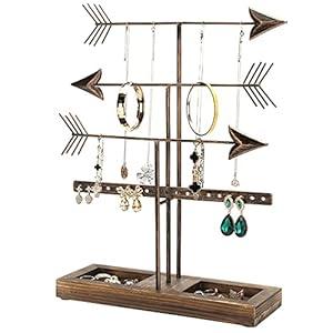 MyGift Modern Jewelry Organizer, 3 Tier Black Metal Tabletop Bracelet and Necklace Jewelry Storage Display Tree Rack with Base Ring Tray