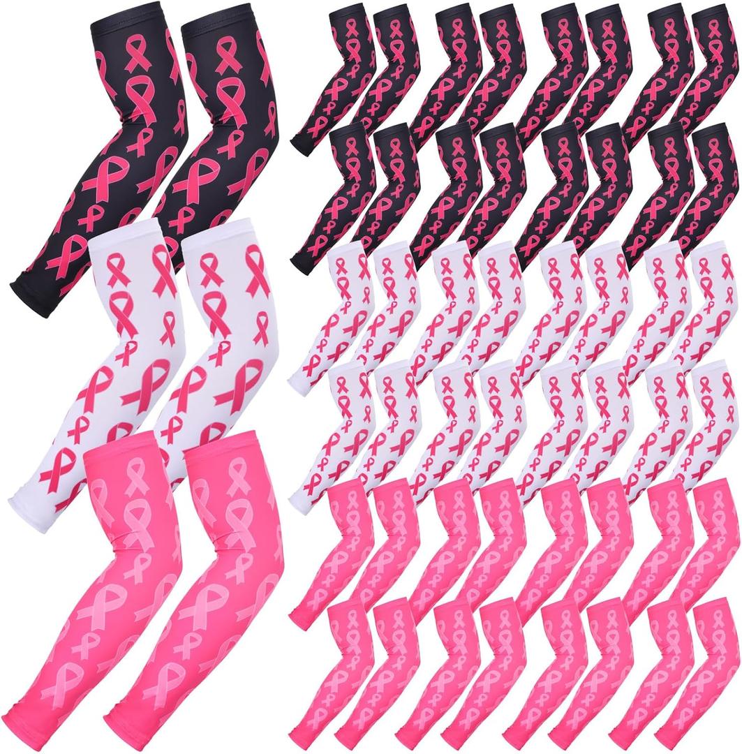 Zhehao 24 Pairs Breast Cancer Awareness Arm Sleeves Ribbon Sports Compression Arm Sleeve for Baseball Football Women Men (XS)
