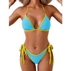 Eomenie Sexy Bikini Sets for Women Halter Triangle Top Two Piece Swimsuit Tie Side Bathing Suit Color Block Swimwear (Blue, XXL)