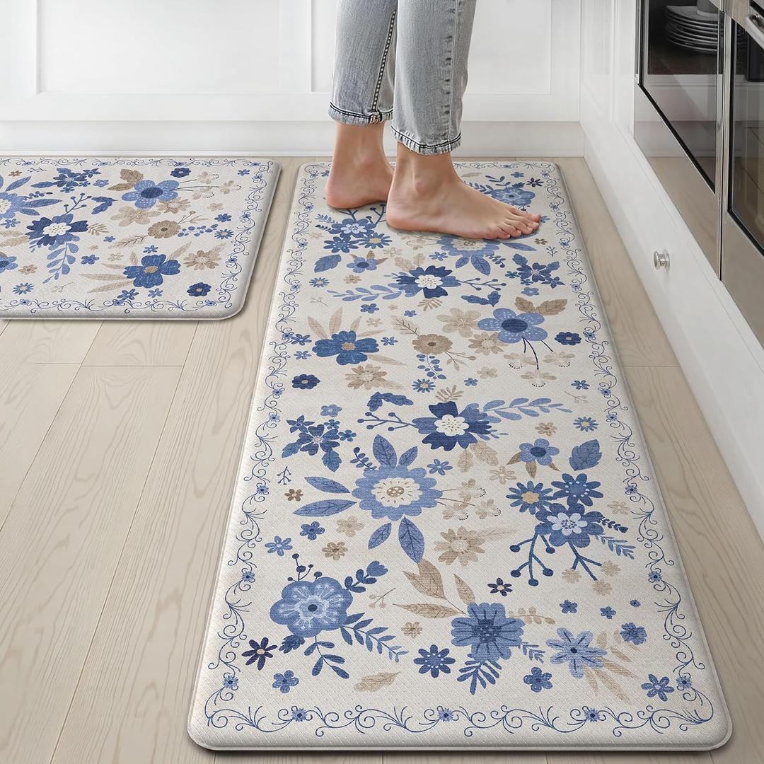GENIMO Kitchen Mats for Floor 2PCS, Cushioned Kitchen Rugs Non Slip Washable, Farmhouse Anti Fatigue Mat Waterproof, Comfort Standing Mat Rug for Office, Home, Laundry, 17.3"x47"+17.3"x30", Beige&Blue