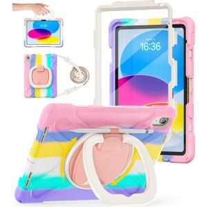 BATYUE Case for iPad (A16) 11th/10th Gen 11''/10.9'' - Heavy Duty Shockproof Cover for Kids with 360 Rotating & 180 Folding Stand, Screen Protector, Shoulder Strap & Pencil Holder | Colorful Pink