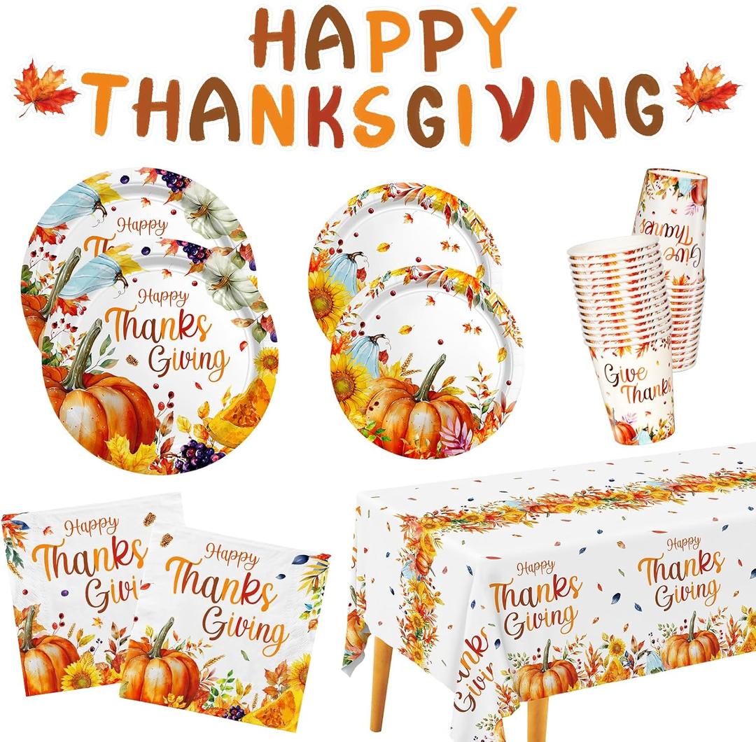 Fall Thanksgiving Party Supplies Kit - Pumpkin Harvest-Themed Disposable Dinnerware Set with Plates, Napkins, Cups, Tablecloth & Banner for 25 - for AutumnThanksgiving Party Decoration