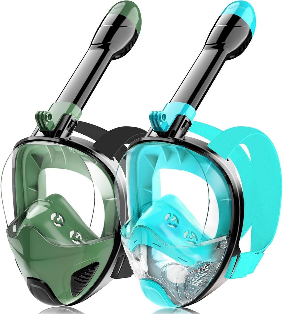 Full Face Snorkel Mask for Adults Teen, Snorkeling Gear with Detachable Camera Mount, Panoramic 180 View, Anti-Fog Anti-Leak Snorkling Set for Man and Women (Black Green+Black Dark Green-S/M)
