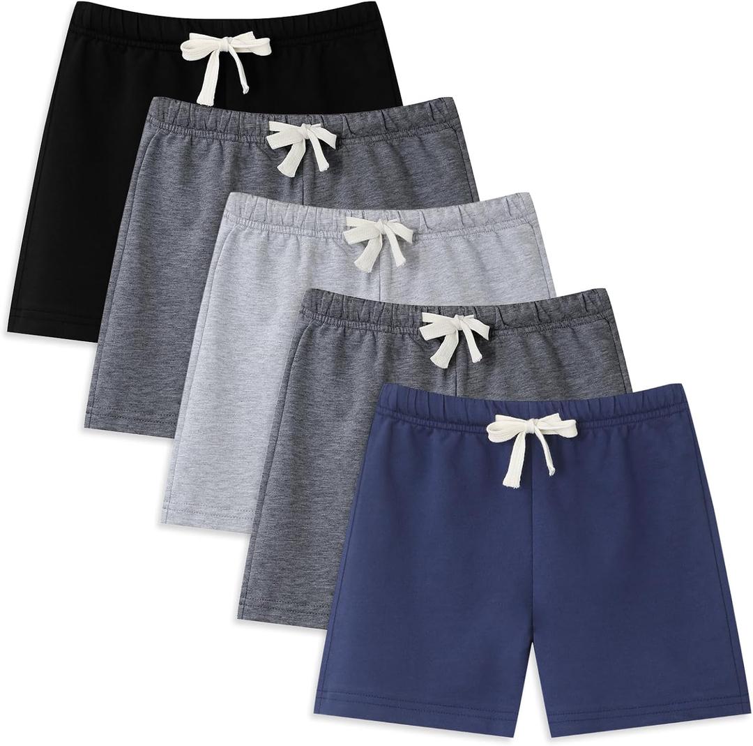5 Pack Boys/Toddler/Kids Shorts French Terry Cotton with Drawstring Elastic Waist Summer Athletic Casual Boy Short (Gray, L)