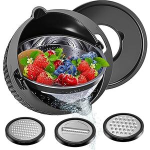 E-far Colander with Mixing Bowl Set, 4-1 Stainless Steel Colander Strainers Bowl with Graters for Kitchen, Rotatable Food Strainer Bowl for Rinsing Fruits Vegetables/Draining Pasta - Black