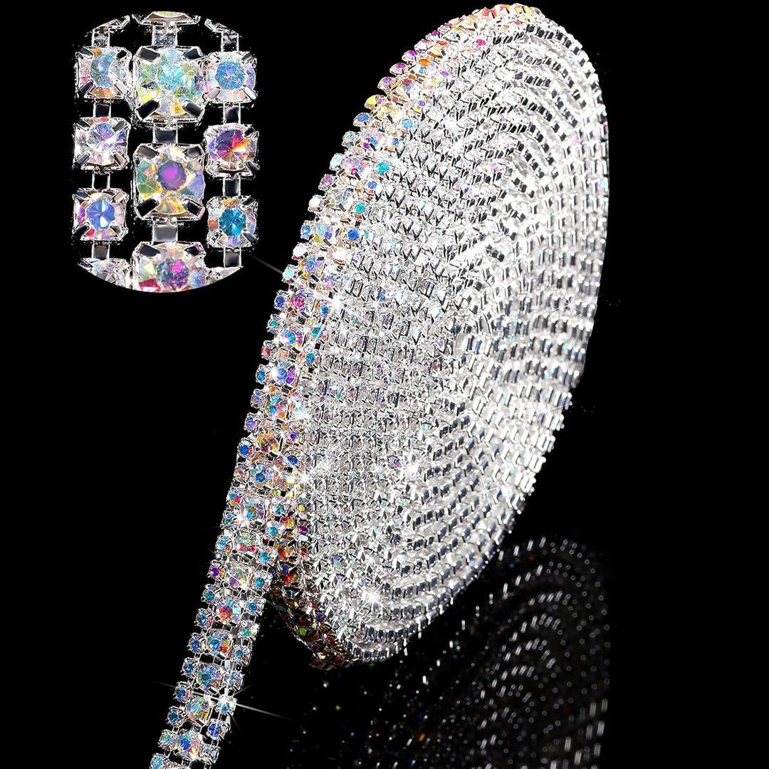 Hicarer 3 Rows Crystal Rhinestone Chain Strips Chain Trim for Sewing Craft, DIY, Wedding, Jewelry, Decoration (6 Yard x 0.47 Inch, AB Colored Rhinestone with Silver Base)