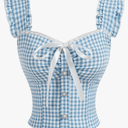 SweatyRocks Women's Bow Plaid Y2K Blouse Button Front Smocked Sleeveless Lace Tops,XS