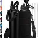 BENZZO Stainless Steel Water Bottle 40oz with Straw & Auto Spout Lids, Paracord Handle, Protective Boot, Insulated Water Bottle Carrier Bag, Keep Cold-48H & Hot-24H Metal Flask Canteen Bottle (Black)