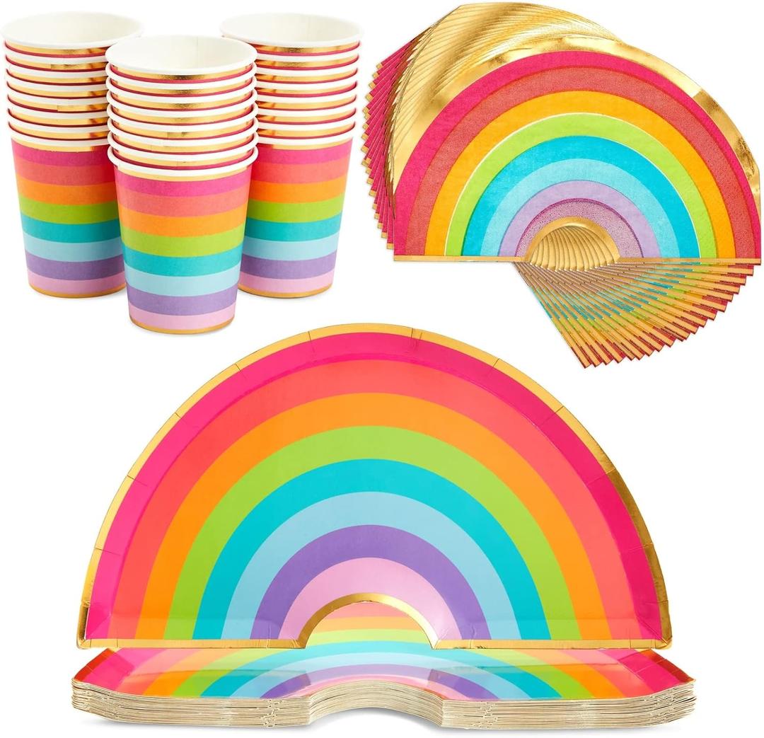 72 Piece Rainbow Party Dinnerware Set - Serves 24 Disposable Die-Cut Plates, Cups & Napkins - Colorful Rainbow Party Decorations for Birthdays & Events