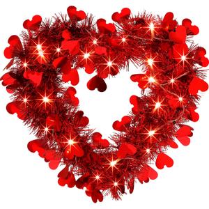 2 Pcs Valentine s Day Wreaths with Lighted- 14'' Heart Wreaths for Front Door Valentines Decorations Heart Shaped Tinsel Wreath and 20 LED Light for Wedding Proposal Engagement Party(Elegant Style)