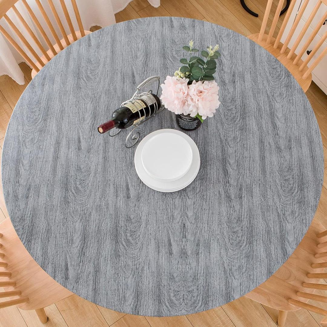 LIBERECOO Round Vinyl Fitted Tablecloth with Flannel Backing Elastic Edge Table Cover Waterproof Stain-Resistant Wipeable Tablcloths Fits 45-56" Round Tables (Carbon Gray Wood)