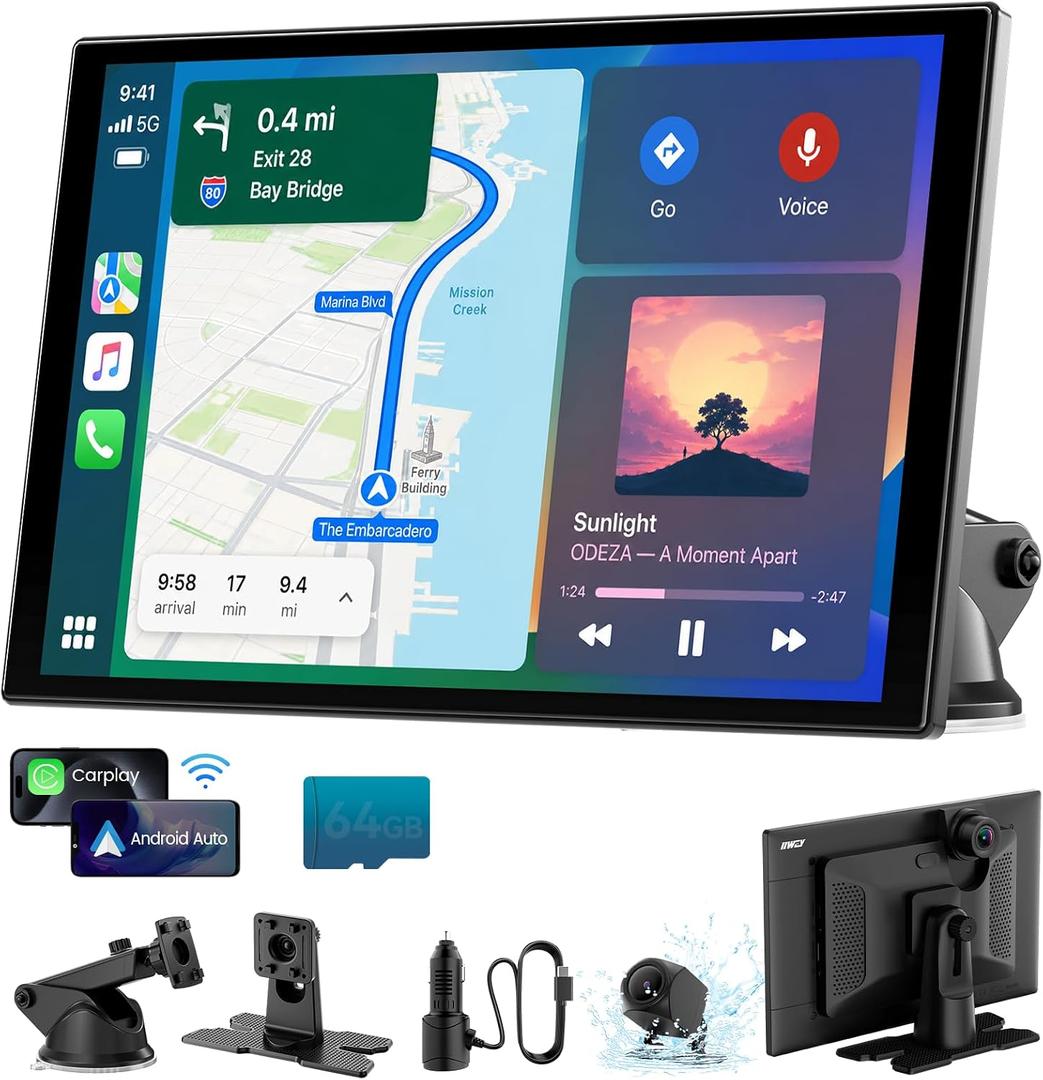 11'' Wireless CarPlay & Android Auto Screen for Car, Full Laminated HD Touchscreen, 4K Dash Cam, 1080P Rear Camera, 5GHz WiFi, Bluetooth 5.0, FM/AUX, Phone Mirroring, Voice Control, 64GB Card Included
