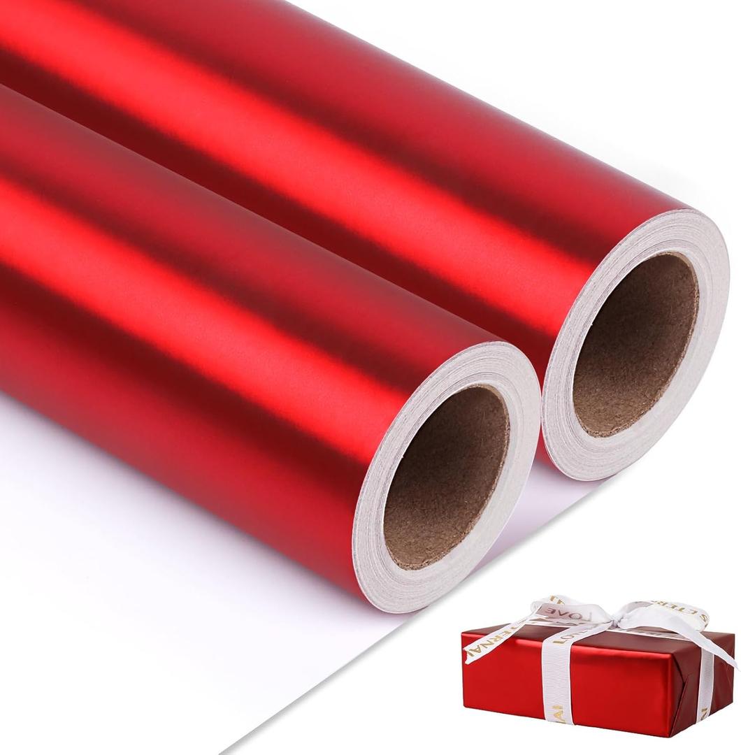 NESCCI Matte Metal Red Wrapping Paper, Solid Color Paper-2 Roll,17 Inches X 32.8 Feet Per Roll,Gift Wrapping Paper, Perfect for Wedding,Valentine's Day, Birthday,Baby Shower,DIY Bouquet