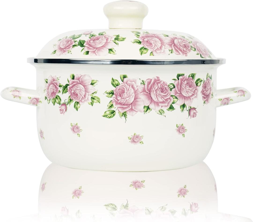 Retro Flower Enamel Stockpot with Lid,Stockpots for Cooking (Rose pink -3QT)