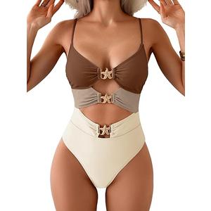 Eomenie Sexy One Piece Swimsuit for Women Cutout Monokini Bathing Suit Starfish Beach Resort Swimwear, Brown And Beige Large