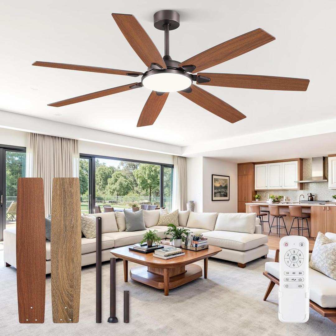 62 Inch Large Ceiling Fans with Lights and Remote, Oil Bronze Modern Ceiling Fan with 3CCT LED Light, Quiet DC Motor,Indoor/Outdoor Ceiling Fan with 7 Dual Finish Blades for Living Room