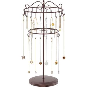 iDavosic.ly 2 Tier Rotating Necklace Holder Organizer with 42 Hooks, Adjustable Metal Bracelet Display Stand Rack, Extra Tall Keychain Spinning Tree Tower for Women, Espresso Brown