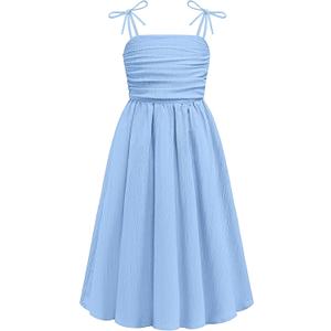 Arshiner Girls Summer Dress Maxi Spaghetti Strap Ruched Flowy Beach Boho Casual Teen Girl Sundress 6-14 Years (Blue)