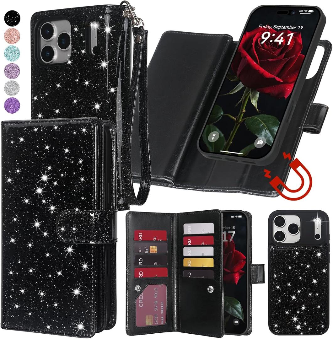 Varikke for iPhone 17 Pro Max Wallet Case Detachable with RFID Blocking Card Holder for Women, Glitter PU Leather Strap Magnetic Flip Removable Phone Case Cover for iPhone 17 Pro Max 6.9", Black