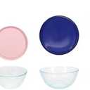 Pyrex Sculpted Glass Bowl Set: 7402-PC Loring Pink, 7403, 7403-PC Navy Blue, 7404 & 7404-PC Thyme Green Lid 3 Pcs