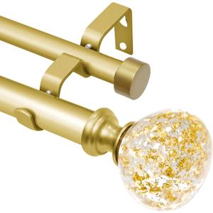 Gold Double Curtain Rod for Windows 48 to 84 Inch: Heavy Duty Adjustable Curtain Rod with Gold Foil Resin Finials (48"-84")
