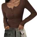 PRETTYGARDEN Women's 2026 Fall Long Sleeve Henley T Shirts Button Ribbed Knit Slim Fit Basic Tops Blouse Casual Outfits (XX-Large, Coffee)